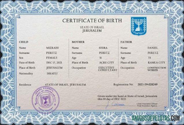 Realista modelo PSD de certidão de nascimento de registro vital de Israel